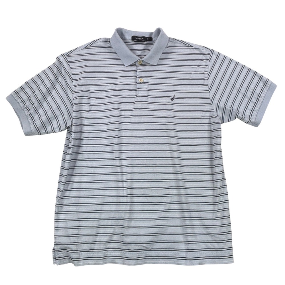 Nautica Mens Large Light Blue Striped Short Sleeve Cotton Polo Shirt Logo Logo